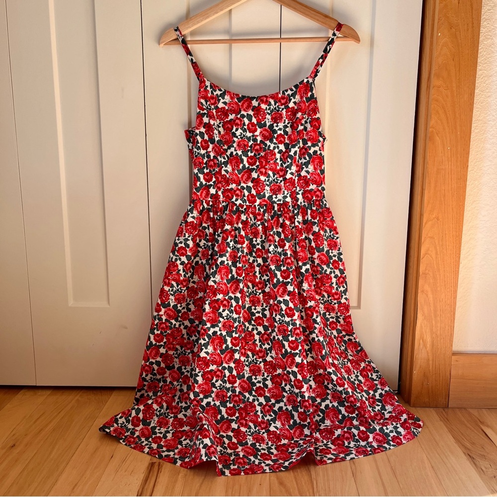 Red Floral Midi Dress with Spaghetti Straps